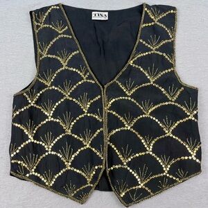 Vintage 80s Tina Black and Gold Embellished Silk Sequin Vest Size Small Medium